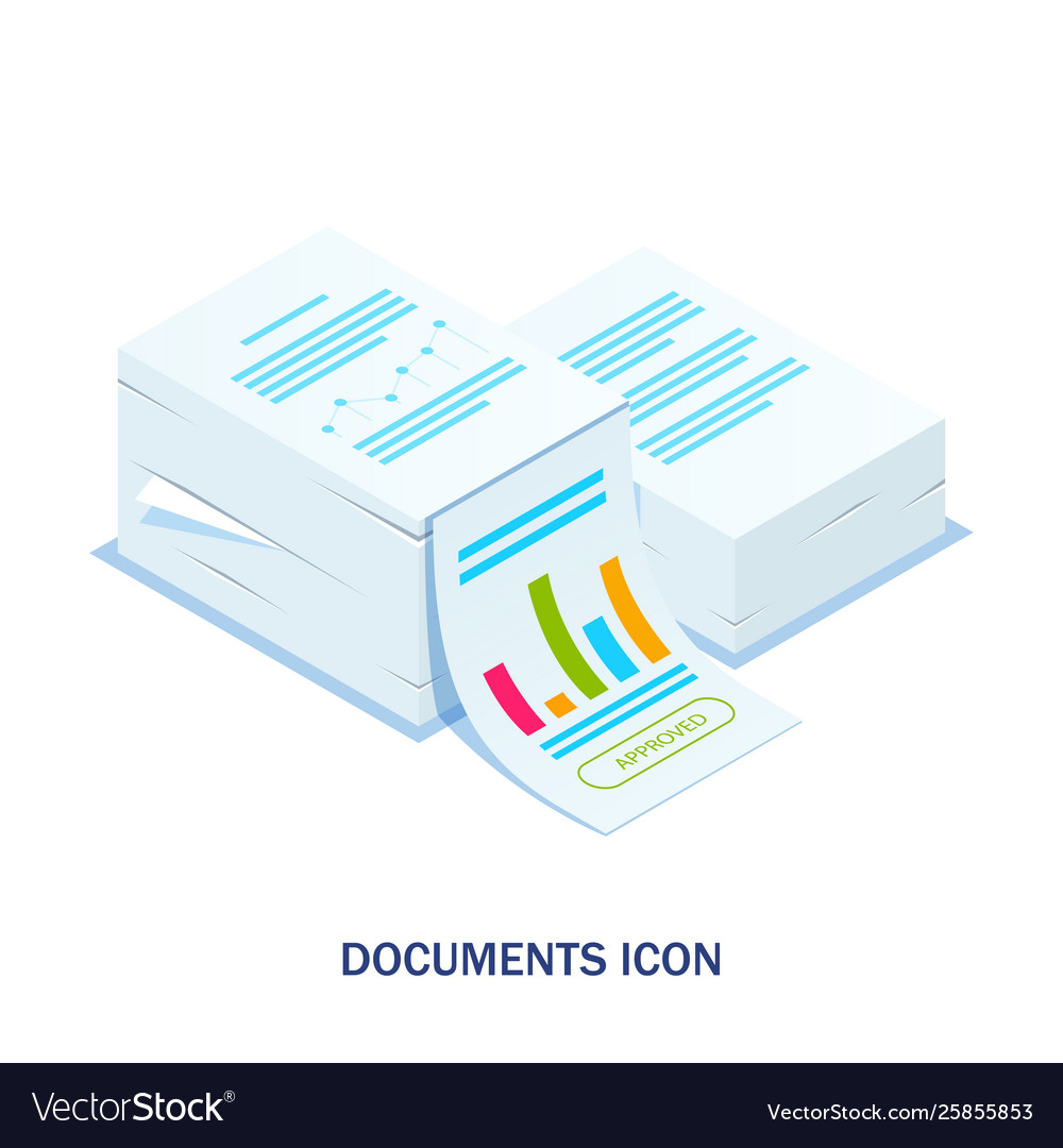 Isometric stack documents with an approved vector image Isometric stack documents with an approved