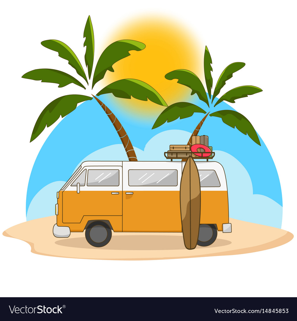 Retro travel van with surfing board and palm tree