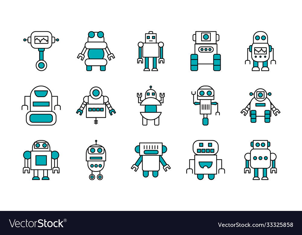 Robotics and robots icon set half line color vector image Robotics and robots icon set half line color