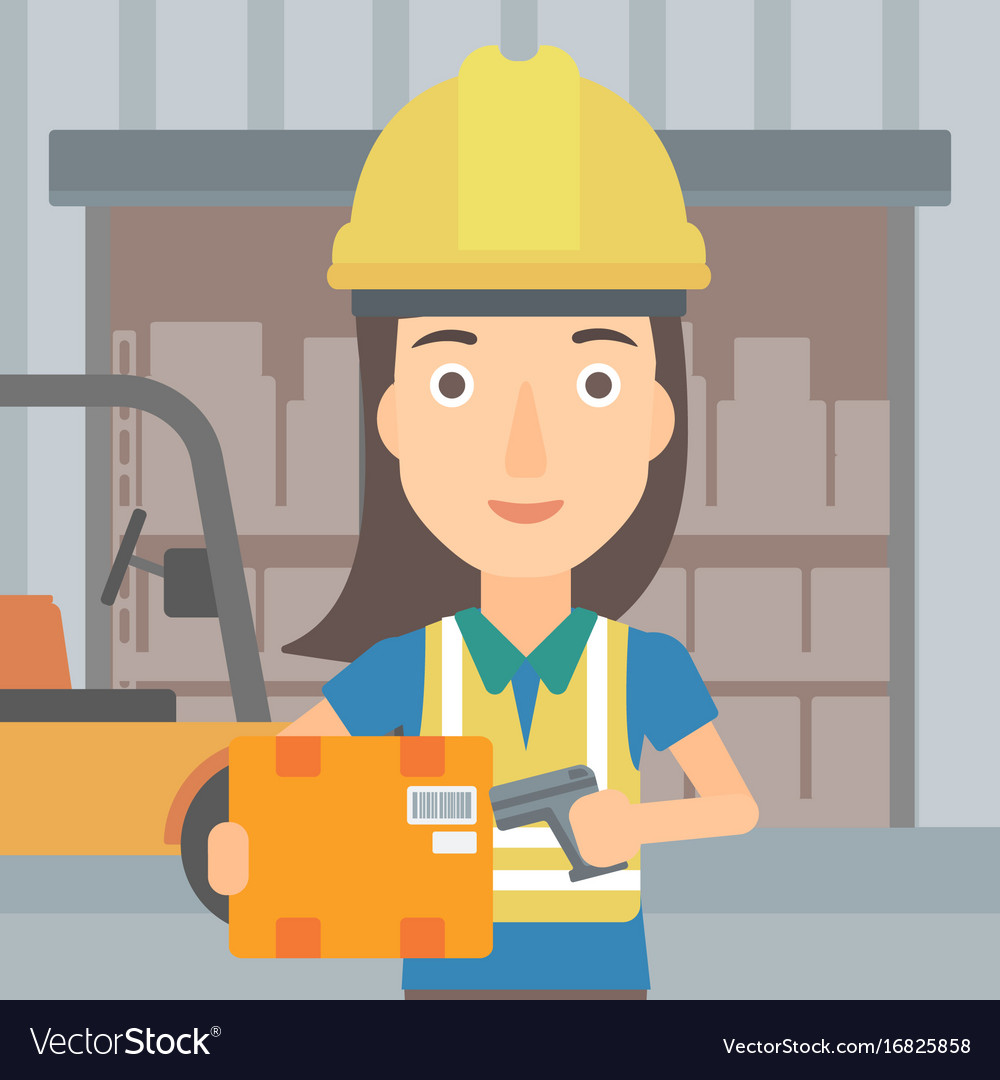 Worker checking barcode on box