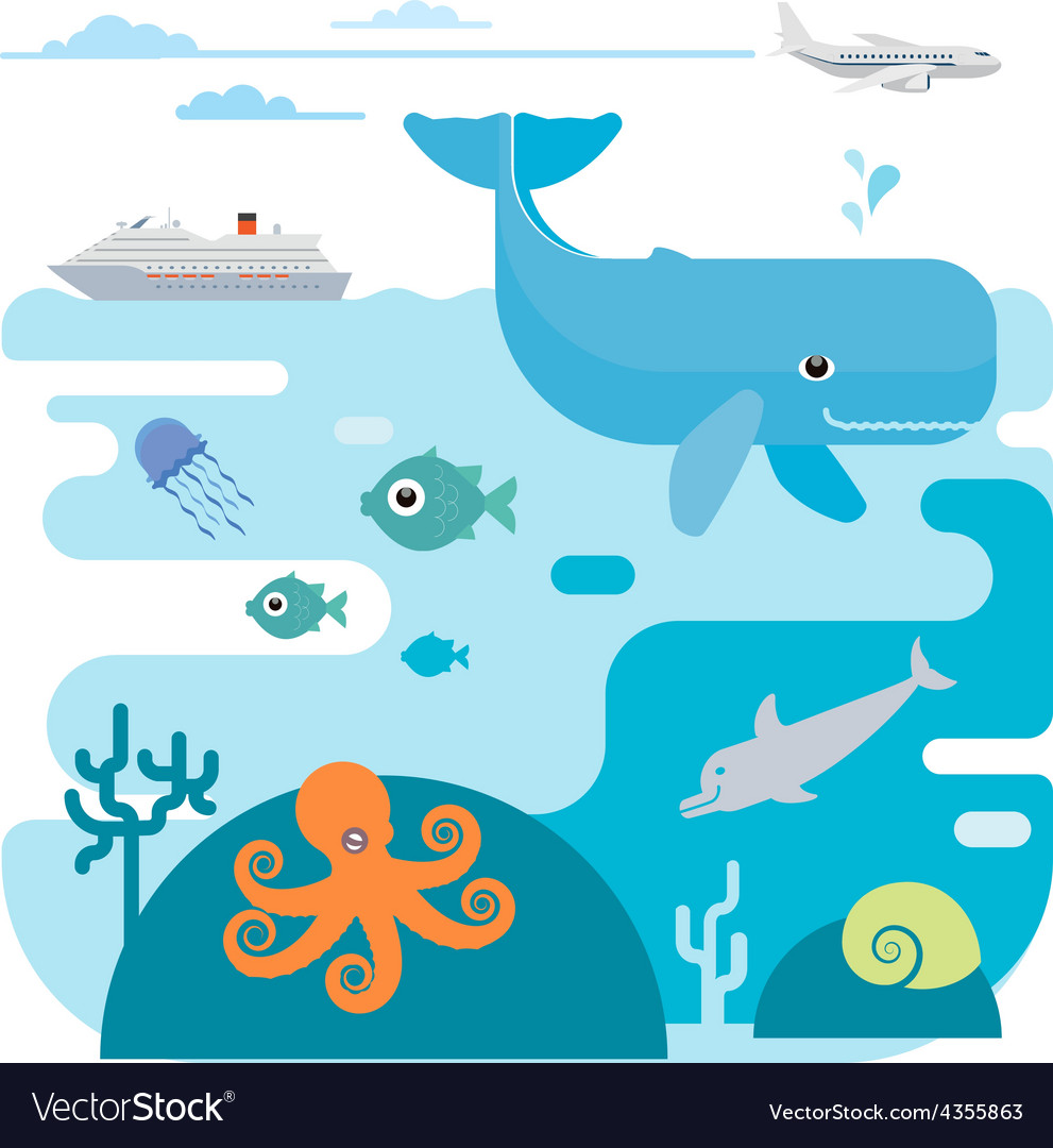 Flat of sea and sea animals Royalty Free Vector Image Flat of sea and sea animals Royalty Free Vector Image