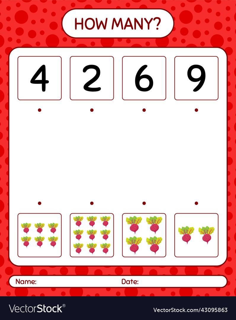 How many counting game with beet root worksheet vector image How many counting game with beet root worksheet