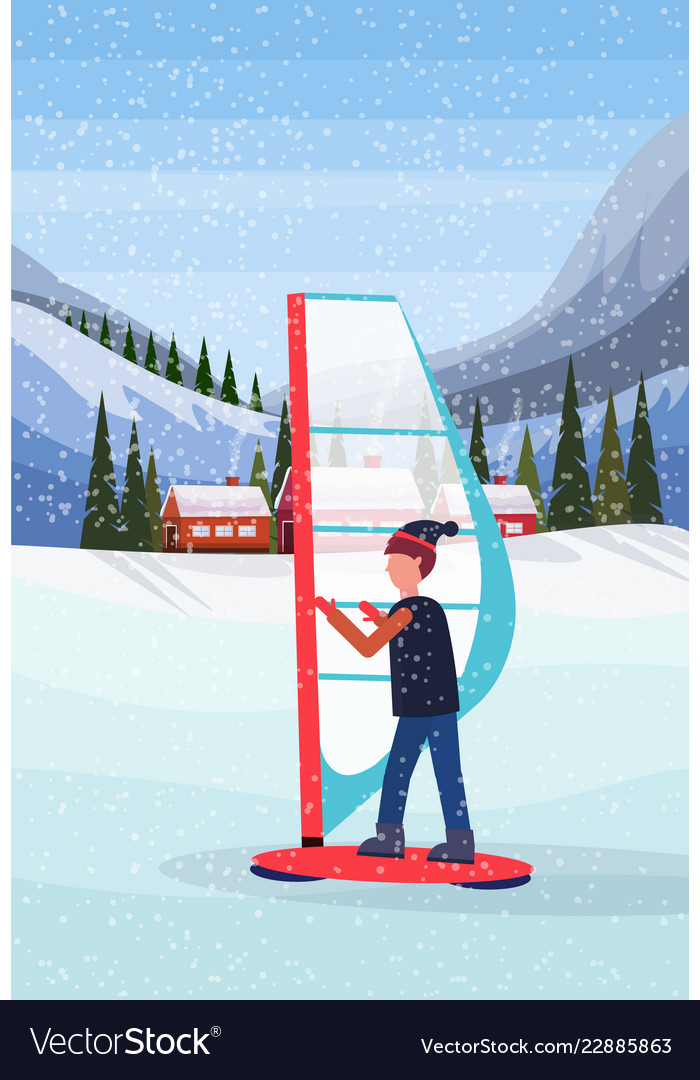 Man windboarding windsurfing on snow over small Vector Image
