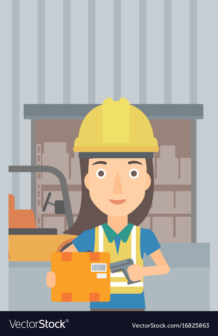 Worker checking barcode on box