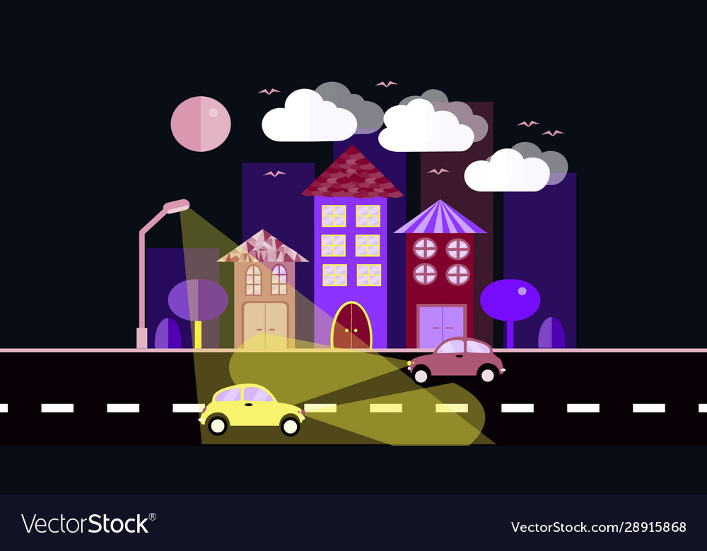 Blue with a purple night city small town Vector Image