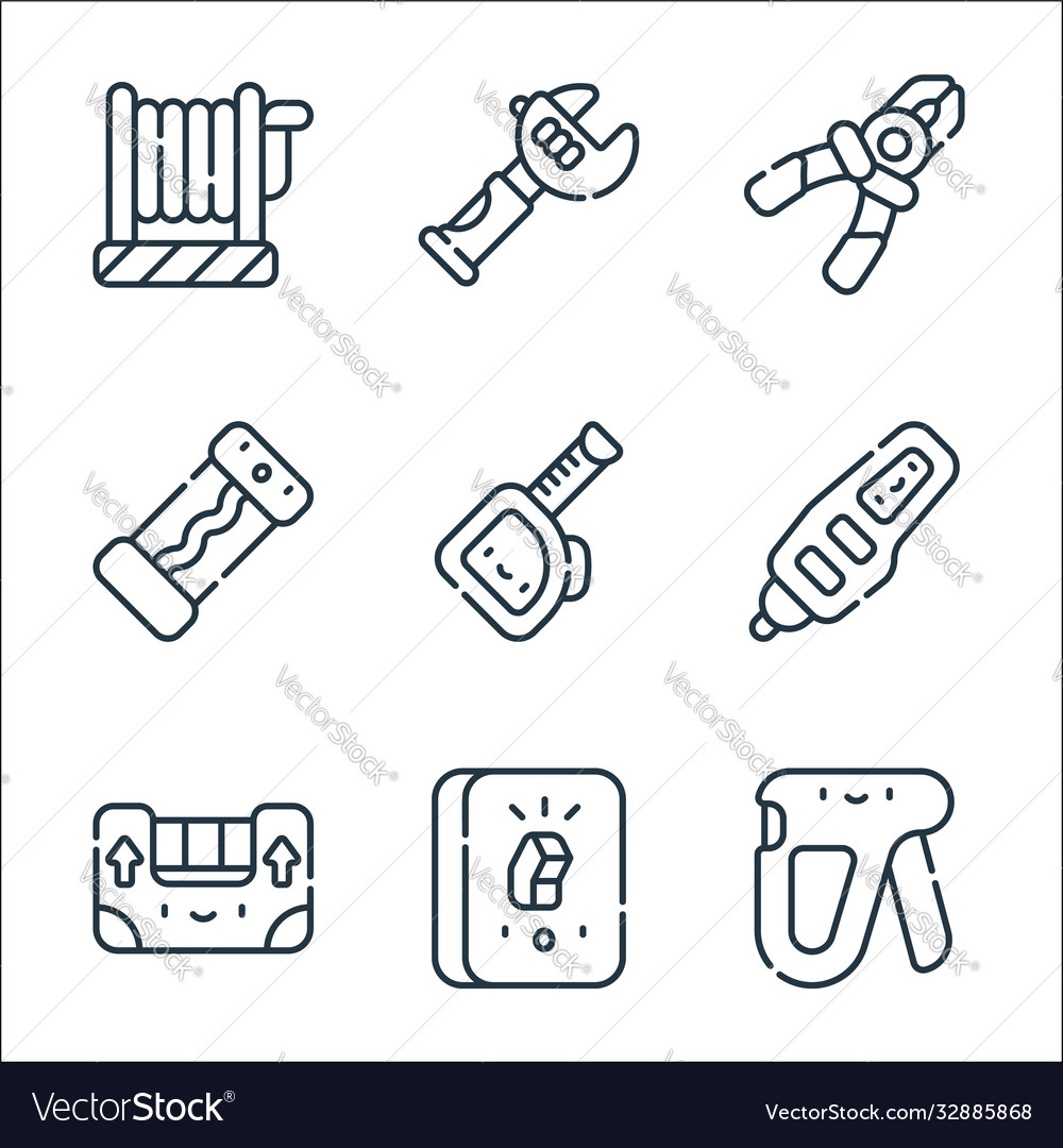 Electrician tools and line icons linear set vector image Electrician tools and line icons linear set