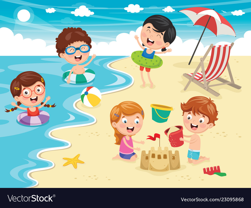 Ilustration of kids playing at beach and se Vector Image