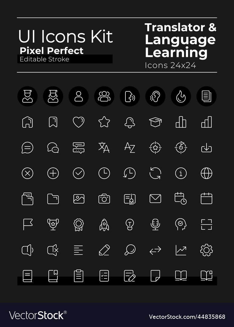 Language learning pixel perfect white linear ui vector image Language learning pixel perfect white linear ui