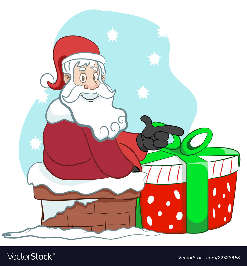 Santa on a chimney with a present Royalty Free Vector Image