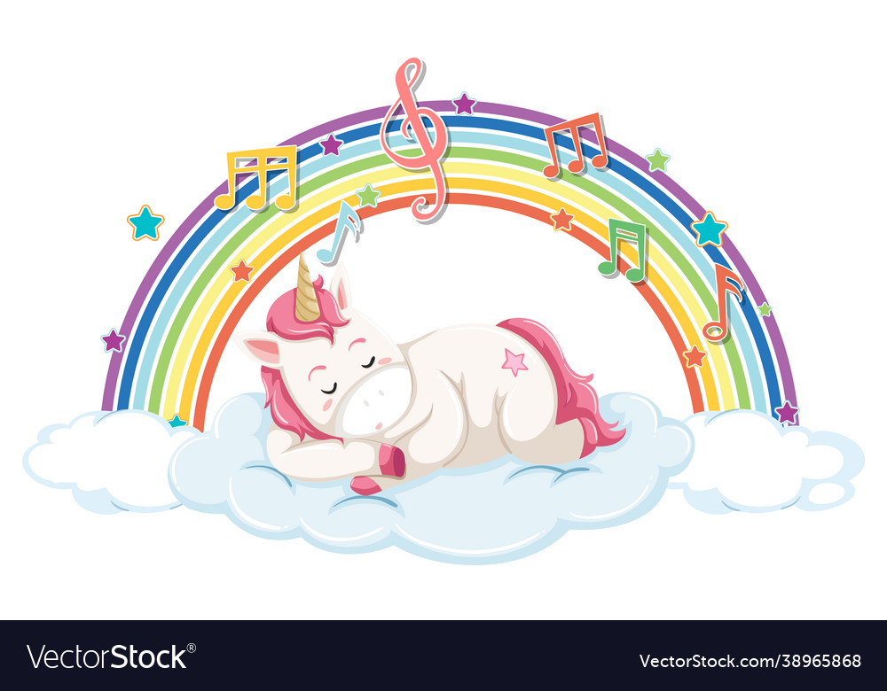 Unicorn sleeping on cloud with rainbow and melody