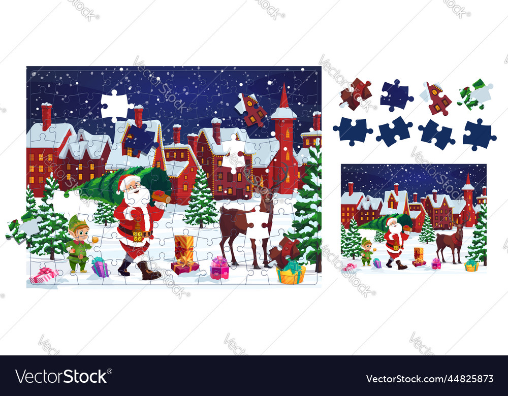 Christmas santa with pine holiday tree jigsaw Vector Image