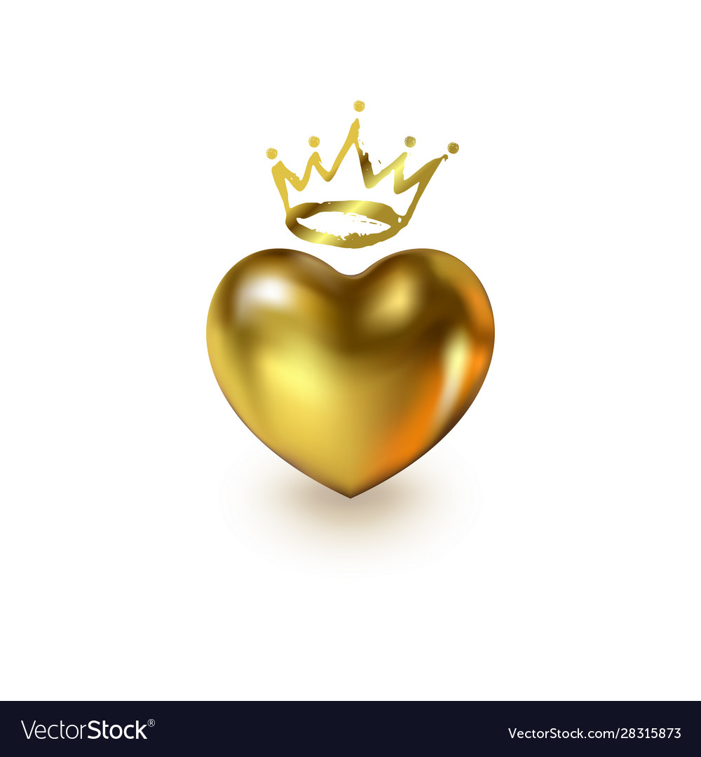 Love realistic heart with golden crown isolated