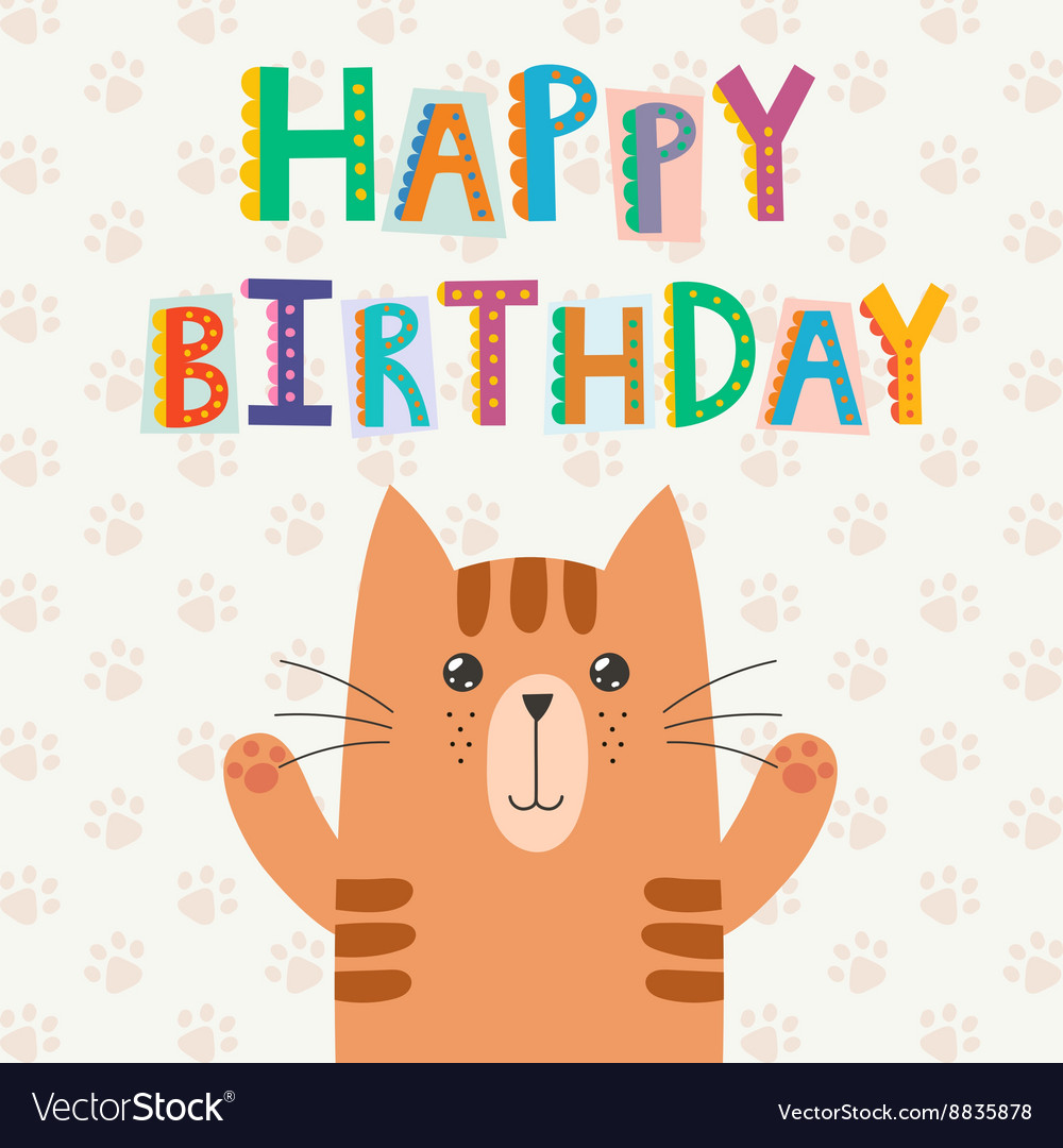 Happy birthday greeting card with a cute cat Vector Image