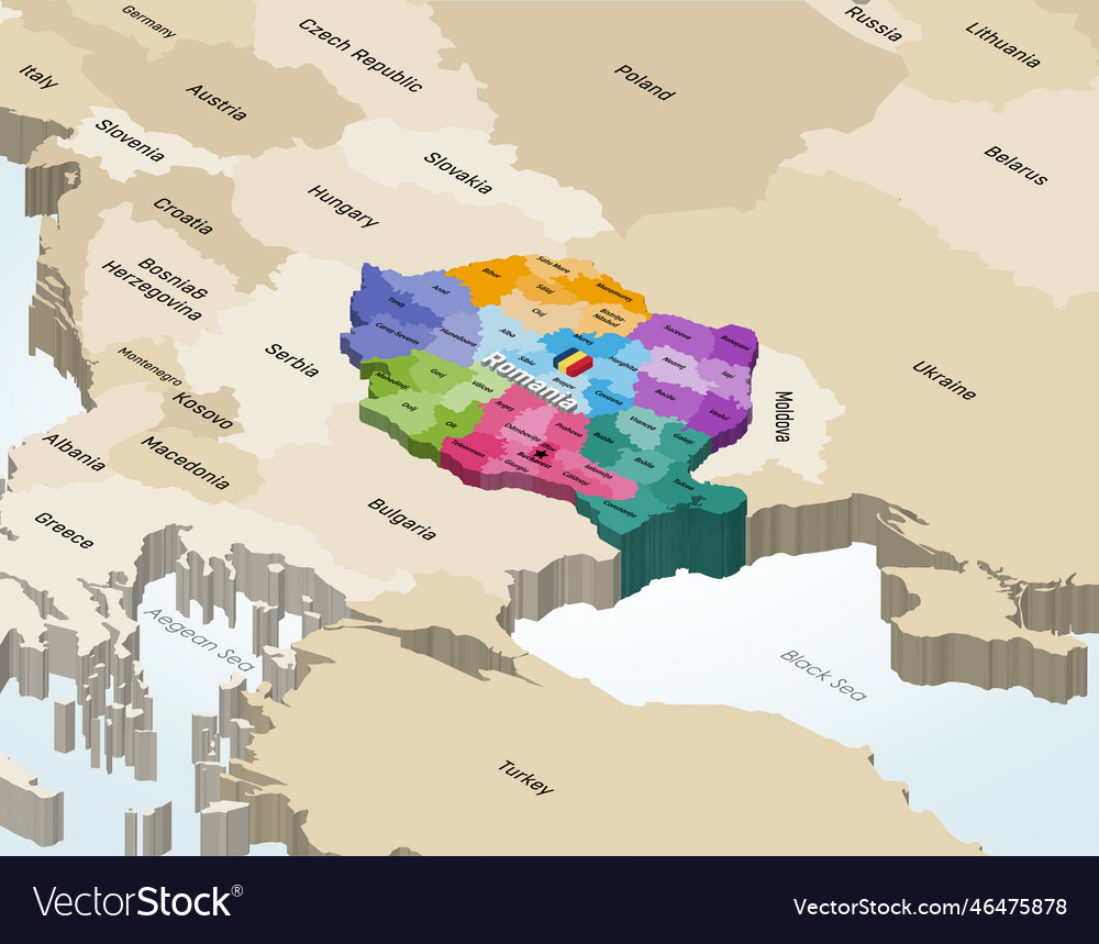 Romania counties 3d isometric colorful map