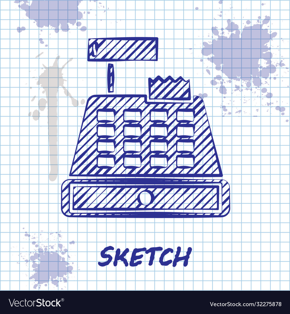 Sketch line cash register machine with a check vector image Sketch line cash register machine with a check