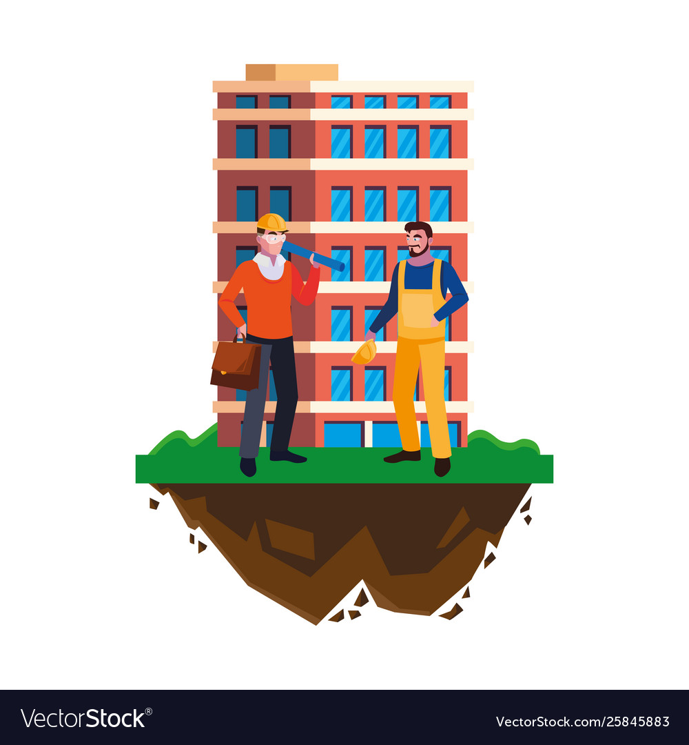 Architect builder with constructor workers