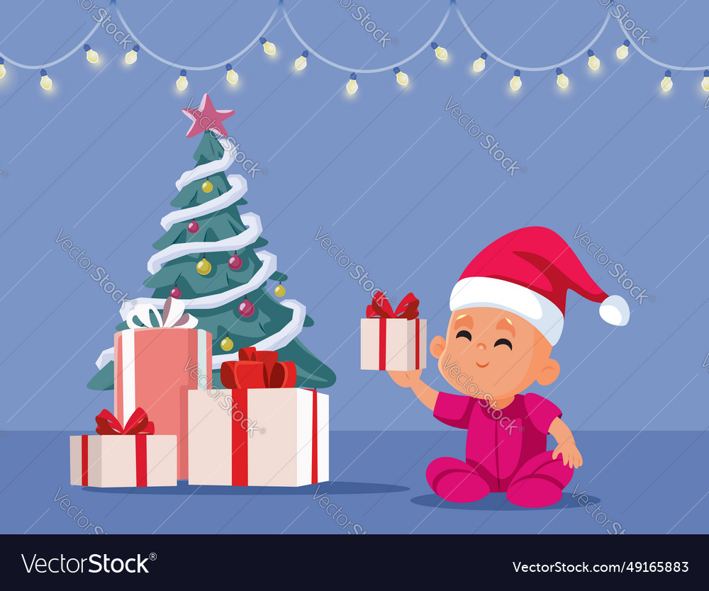 Baby celebrating christmas near the tree cartoon