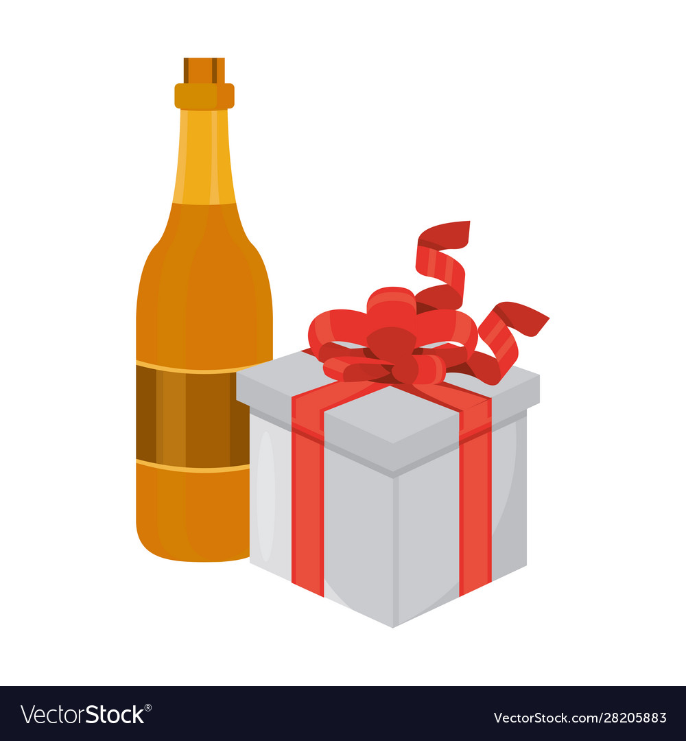 Gift box present with champagne bottle