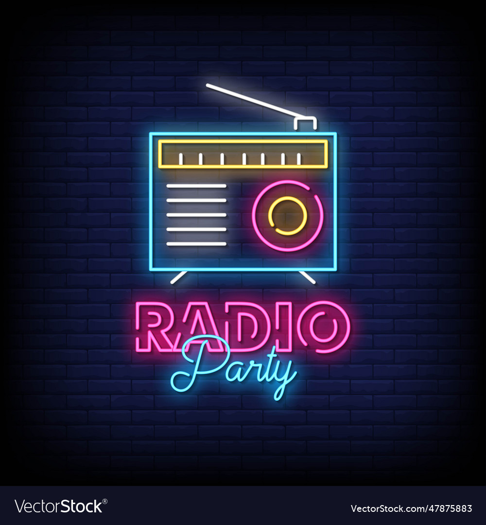 Neon sign radio party with brick wall background v