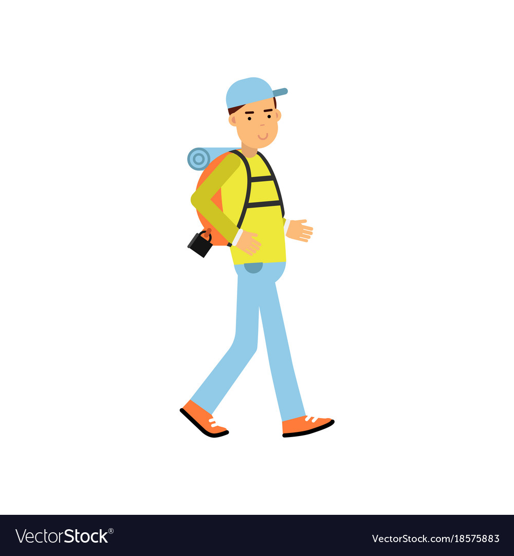 Young man tourist walking with hiking backpack on Vector Image