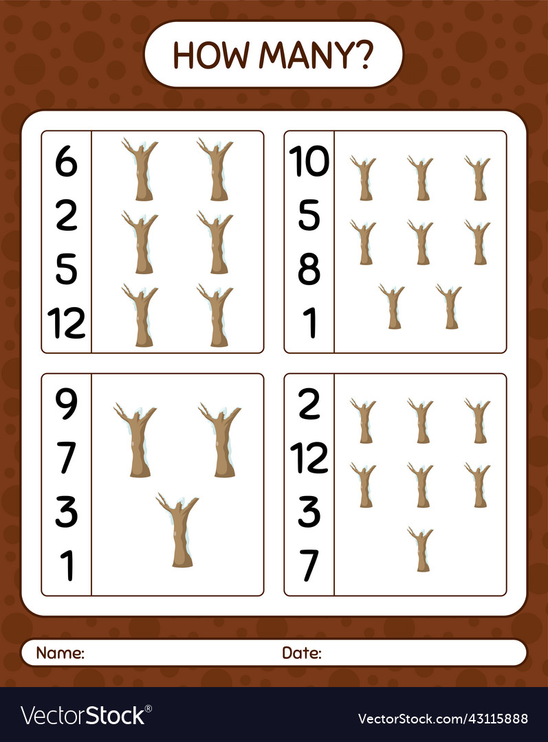 How many counting game with dead tree worksheet vector image How many counting game with dead tree worksheet