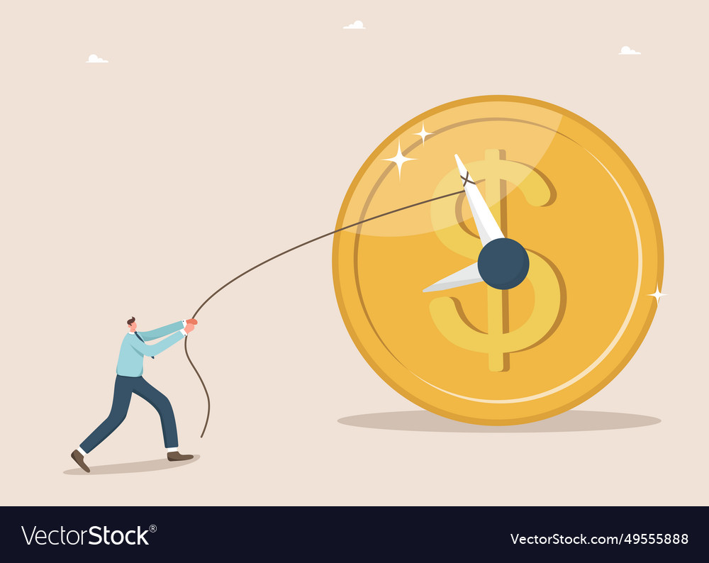 Man pulling clock hands on a coin vector image Man pulling clock hands on a coin