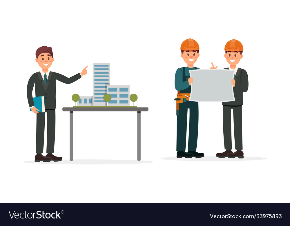 Man engineer presenting draft and builder working vector image Man engineer presenting draft and builder working