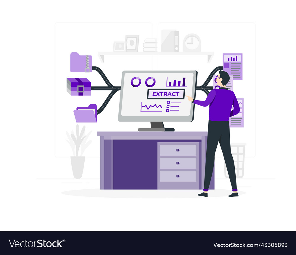 Man works on data extraction flat design
