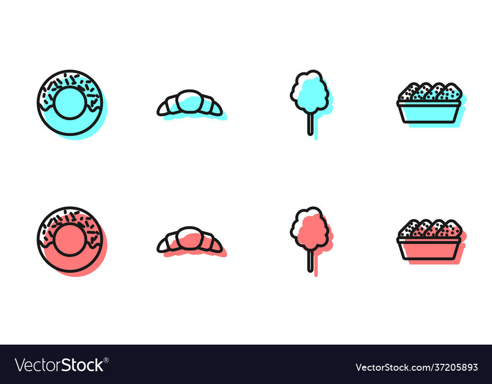 Set Line Cotton Candy Donut Croissant Royalty Free Vector