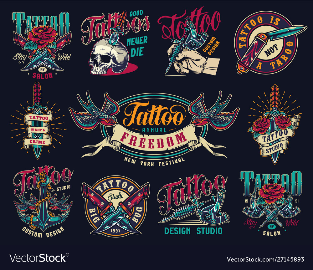 Tattoo studio colorful vintage badges Royalty Free Vector