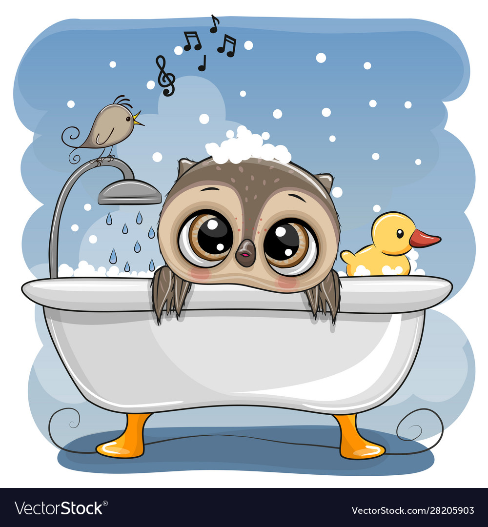 Cartoon owl in bathroom with a bird Royalty Free Vector
