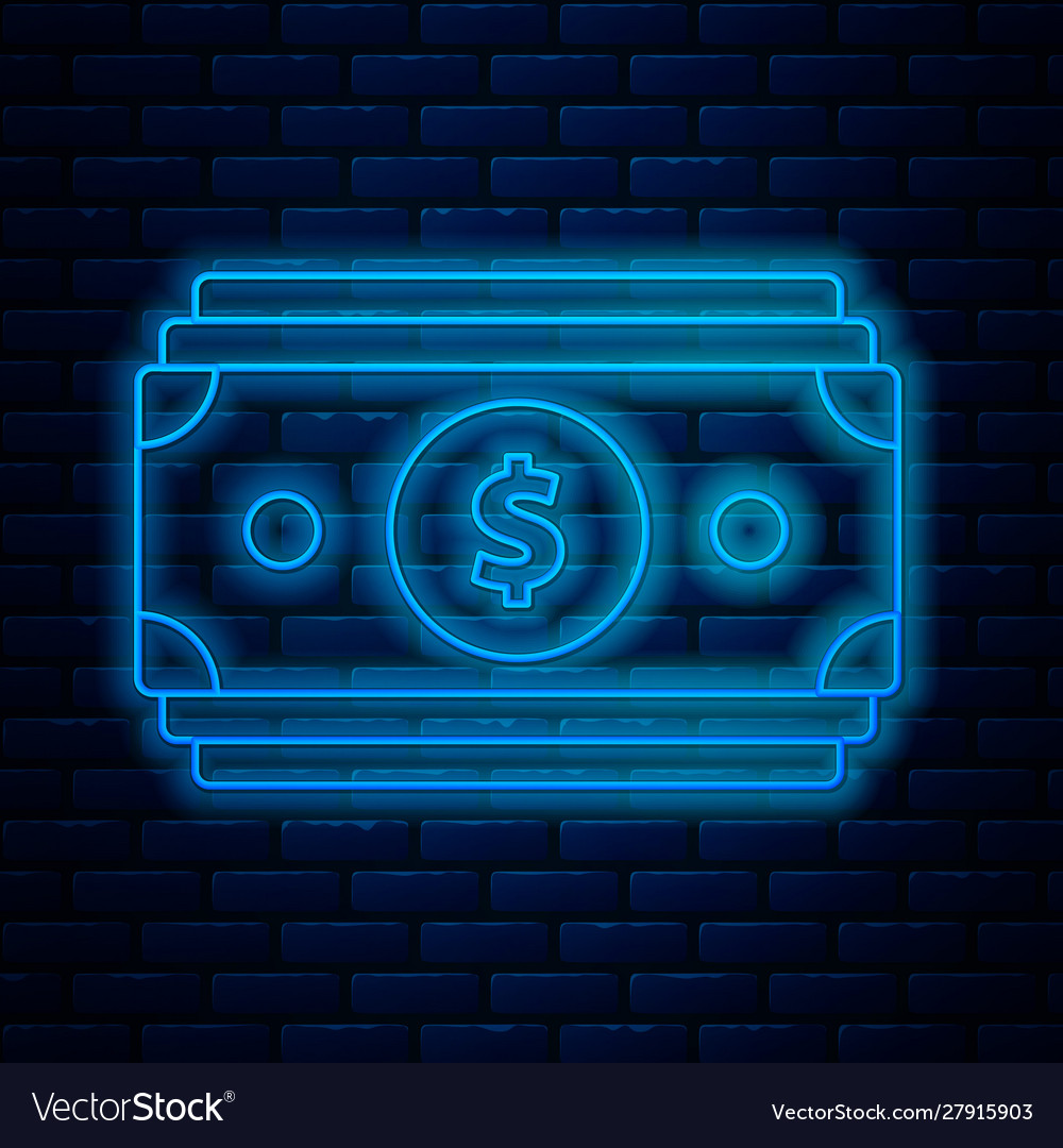 Glowing neon line stacks paper money cash icon Vector Image