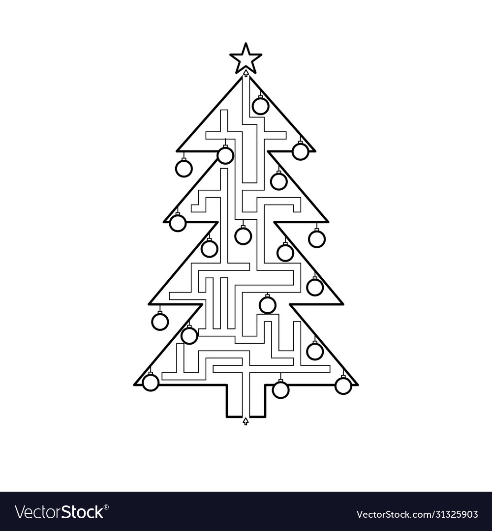 New year tree labyrinth pattern with path to exit vector image New year tree labyrinth pattern with path to exit