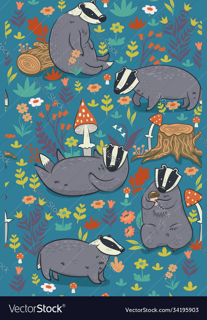 Seamless pattern with forest badgers vector image Seamless pattern with forest badgers