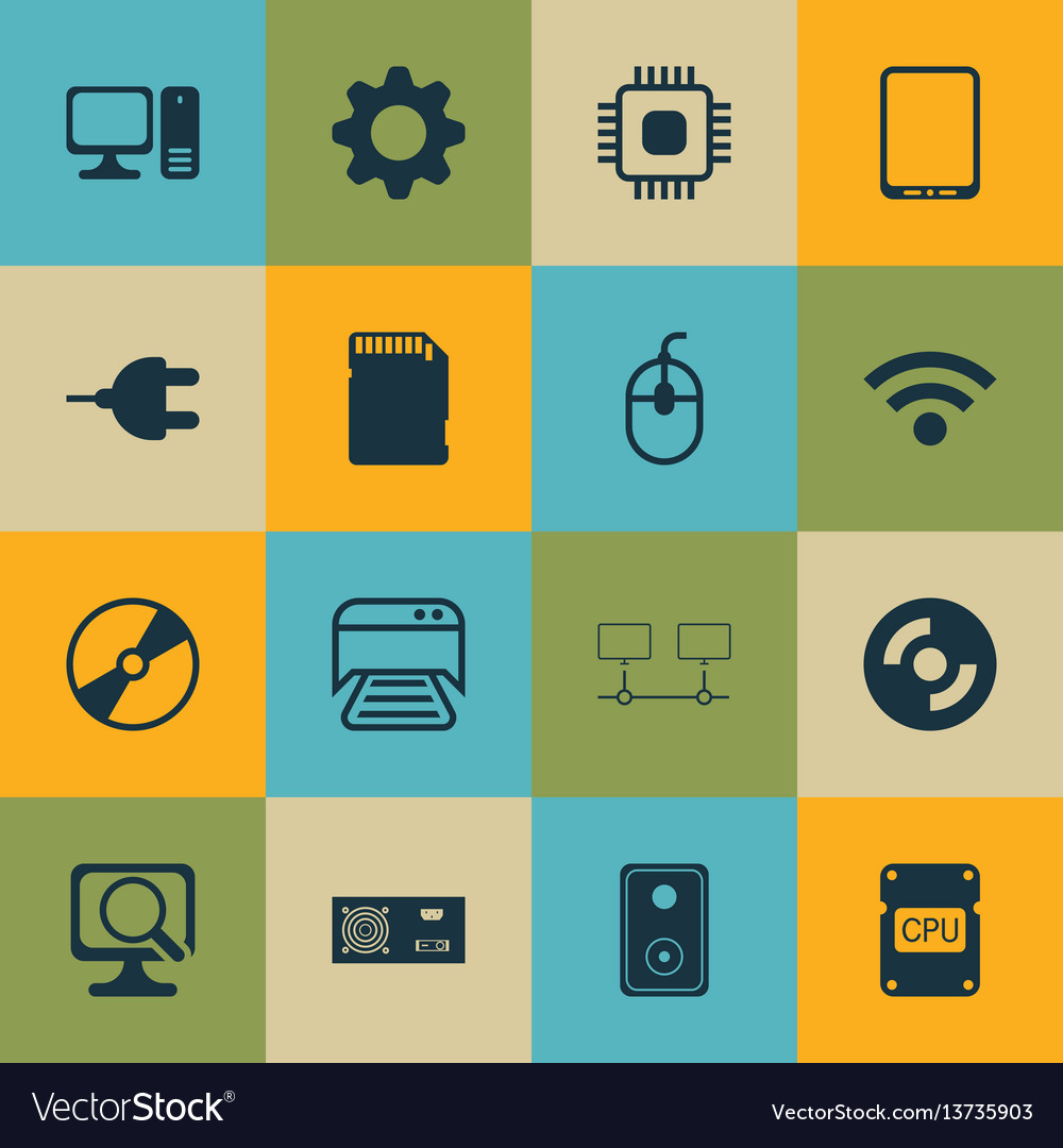 Set of 16 computer hardware icons includes vector image Set of 16 computer hardware icons includes