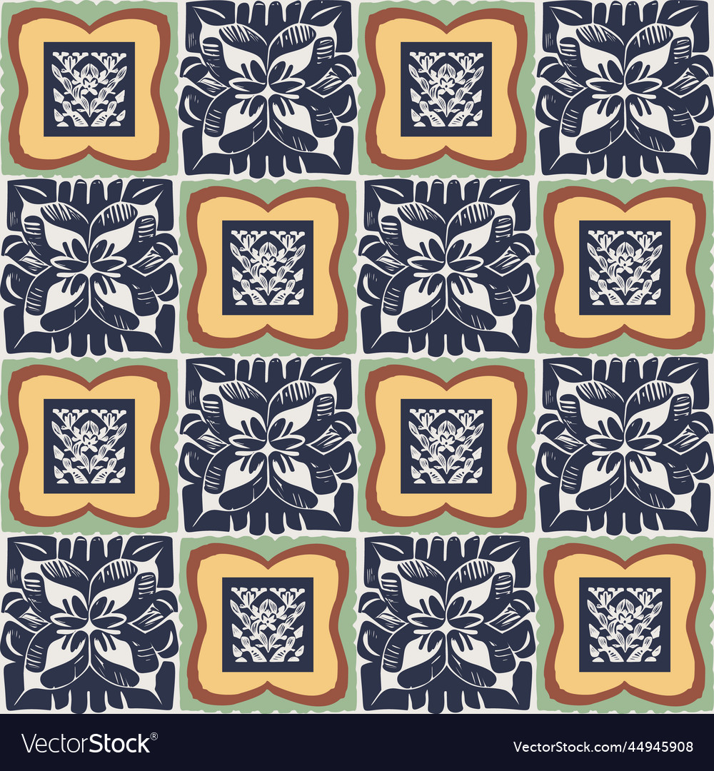 Hand drawn retro block print seamless pattern