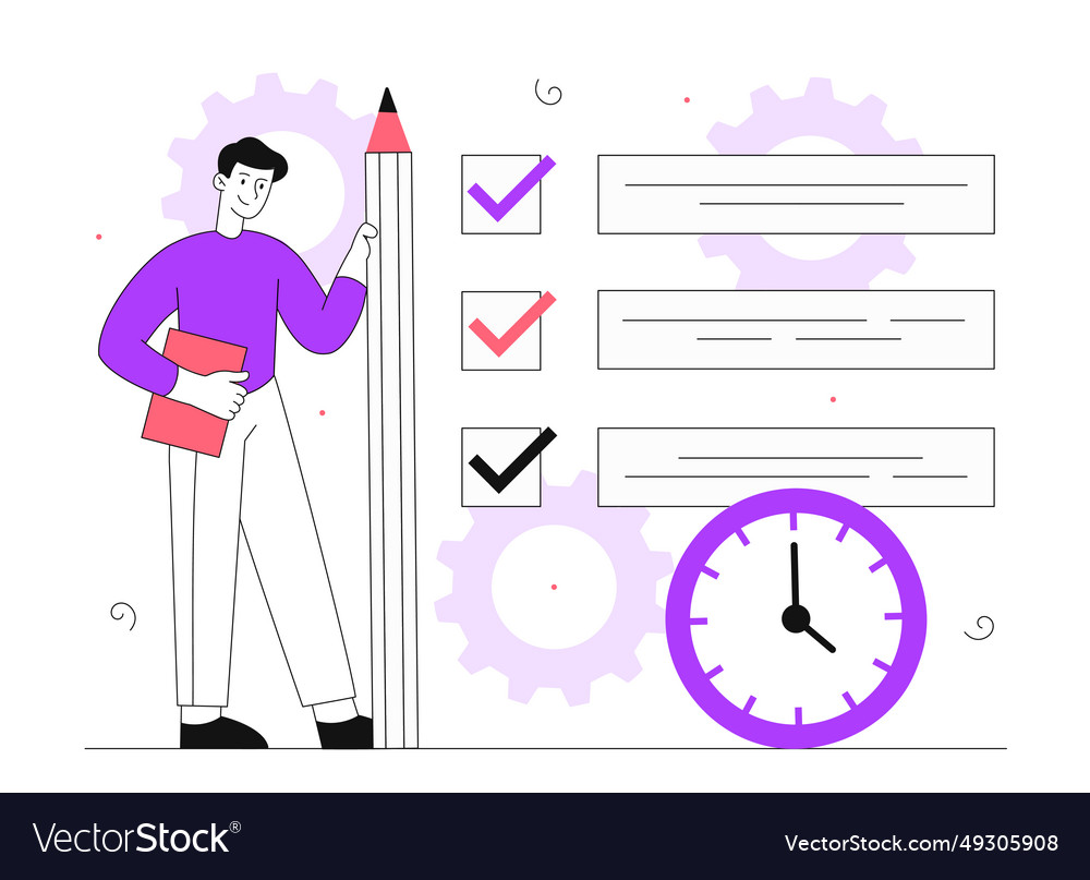 Man with to do list line concept vector image Man with to do list line concept
