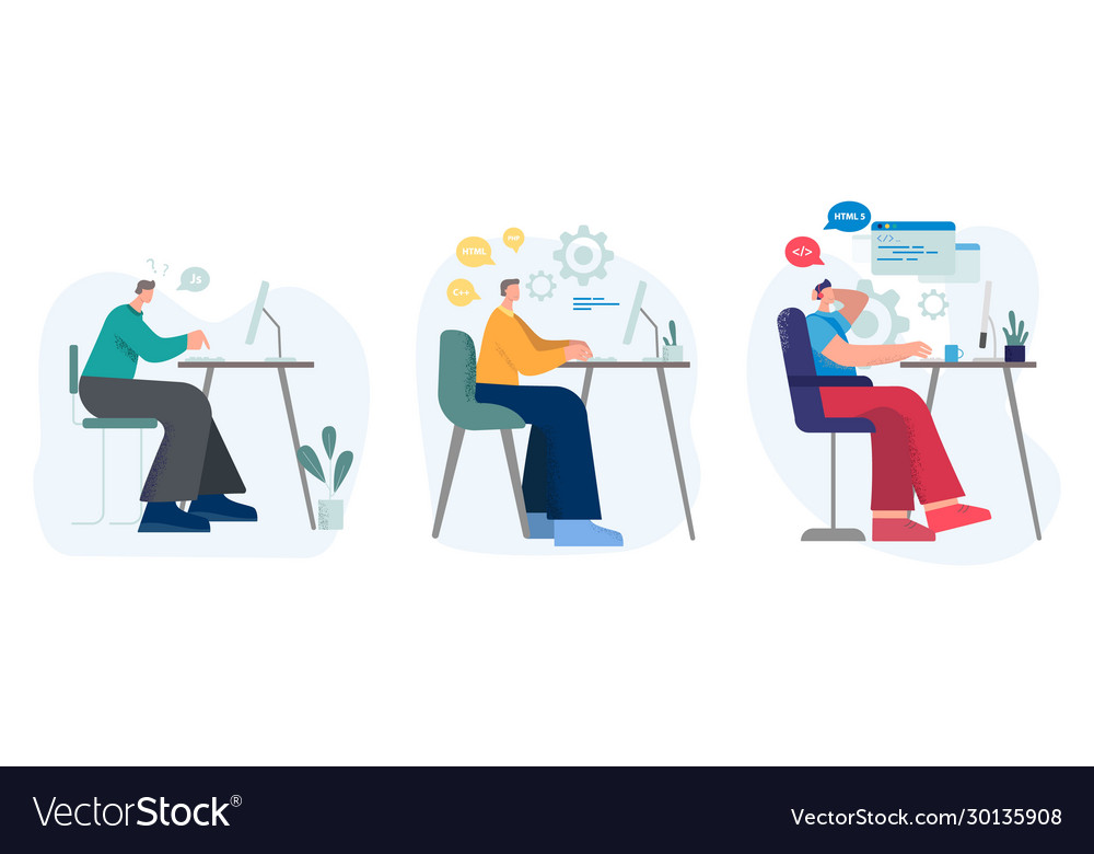 Set various male cartoon programmer working Vector Image