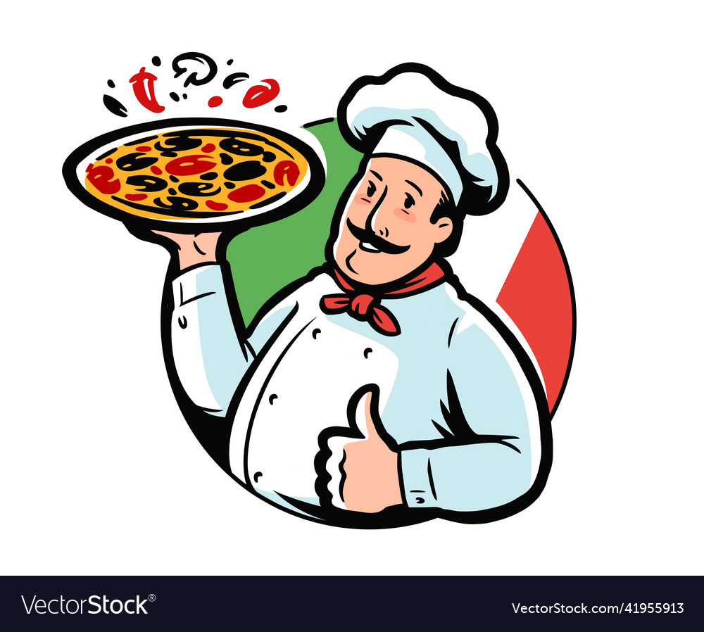 Funny cartoon italian chef holding Royalty Free Vector Image