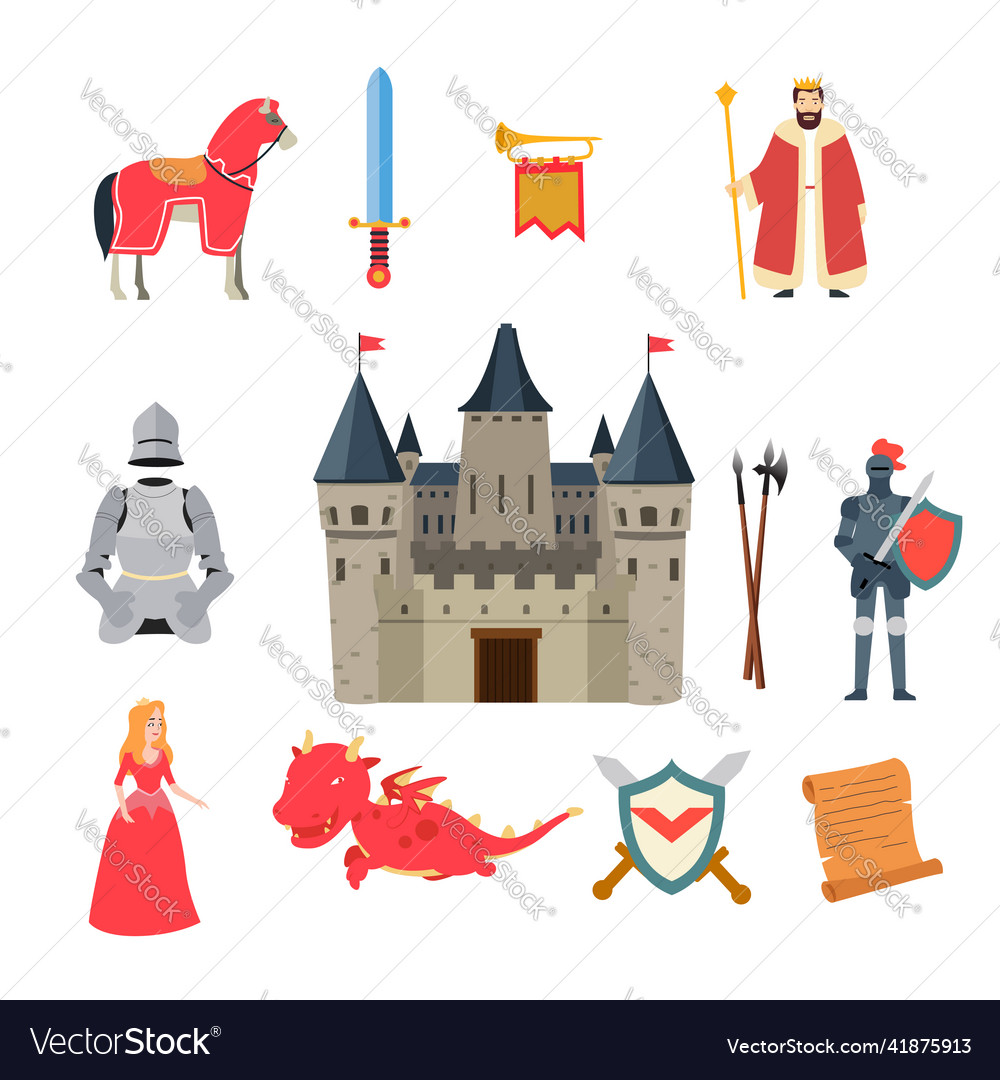 Medieval fantasy knight dragon icons Royalty Free Vector