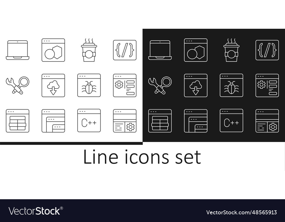 Set line debugging browser setting coffee cup vector image Set line debugging browser setting coffee cup