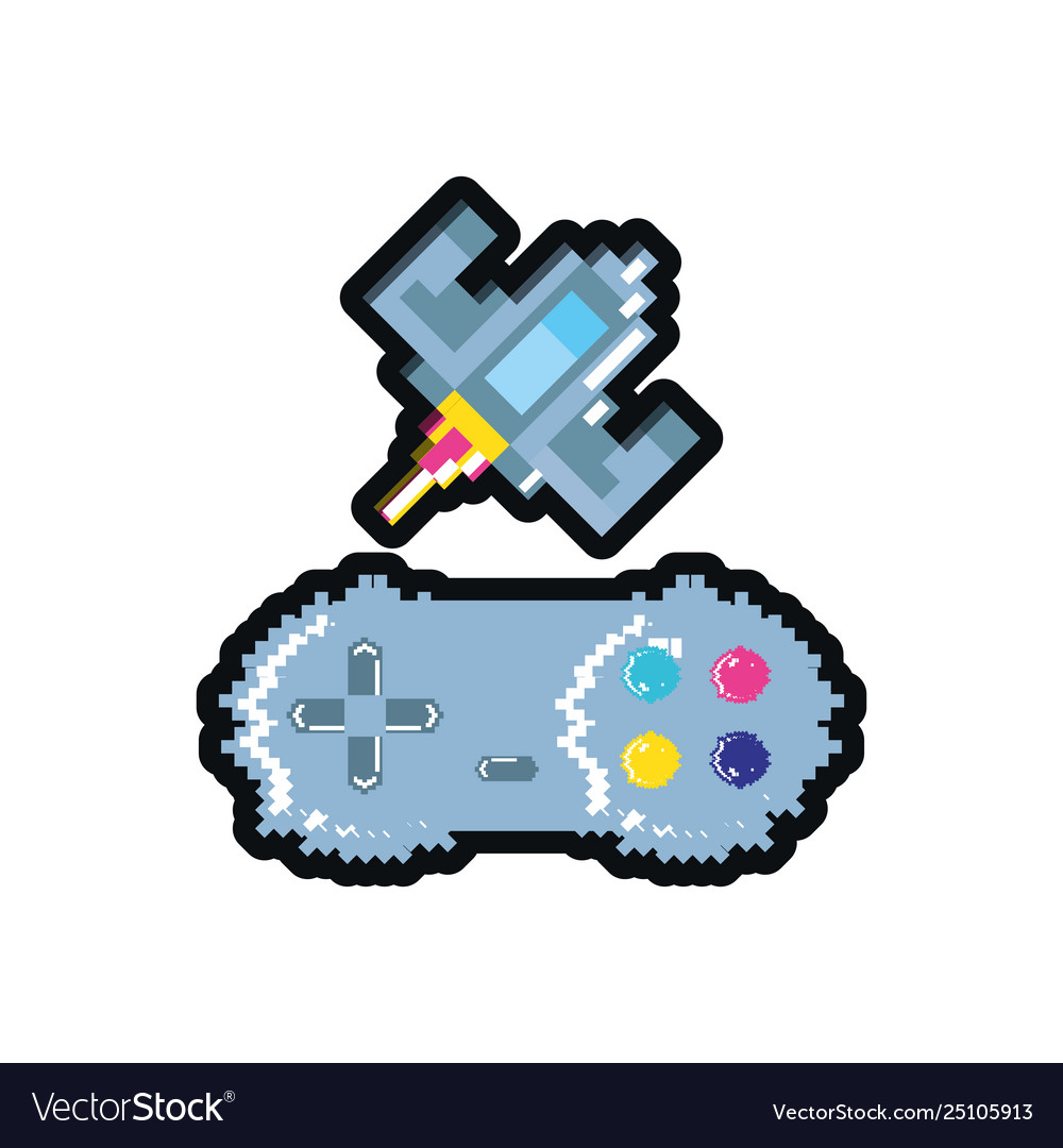 Video game spaceship flying with control pixelated