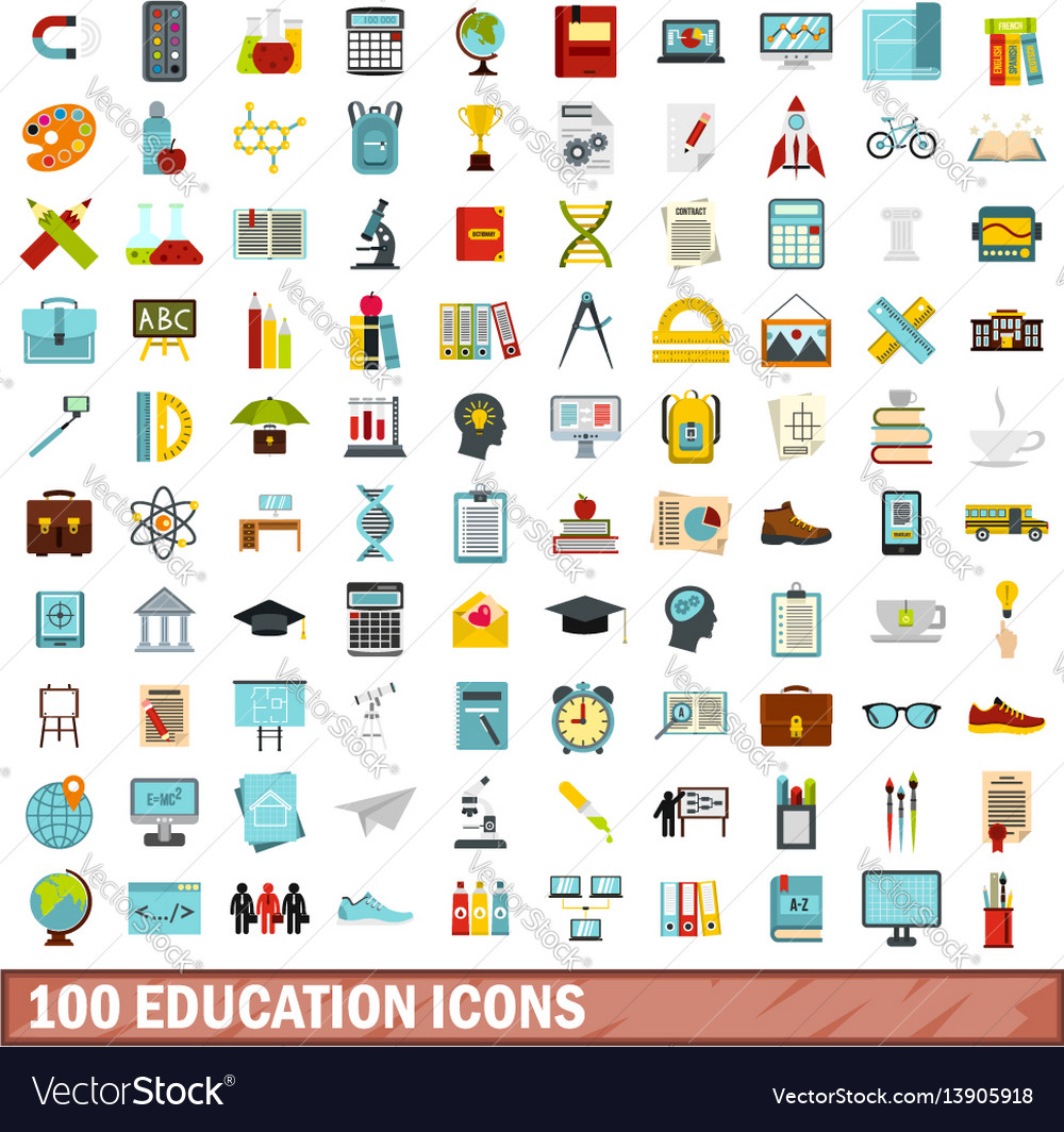 100 Education Icons Set Flat Style Royalty Free Vector Image