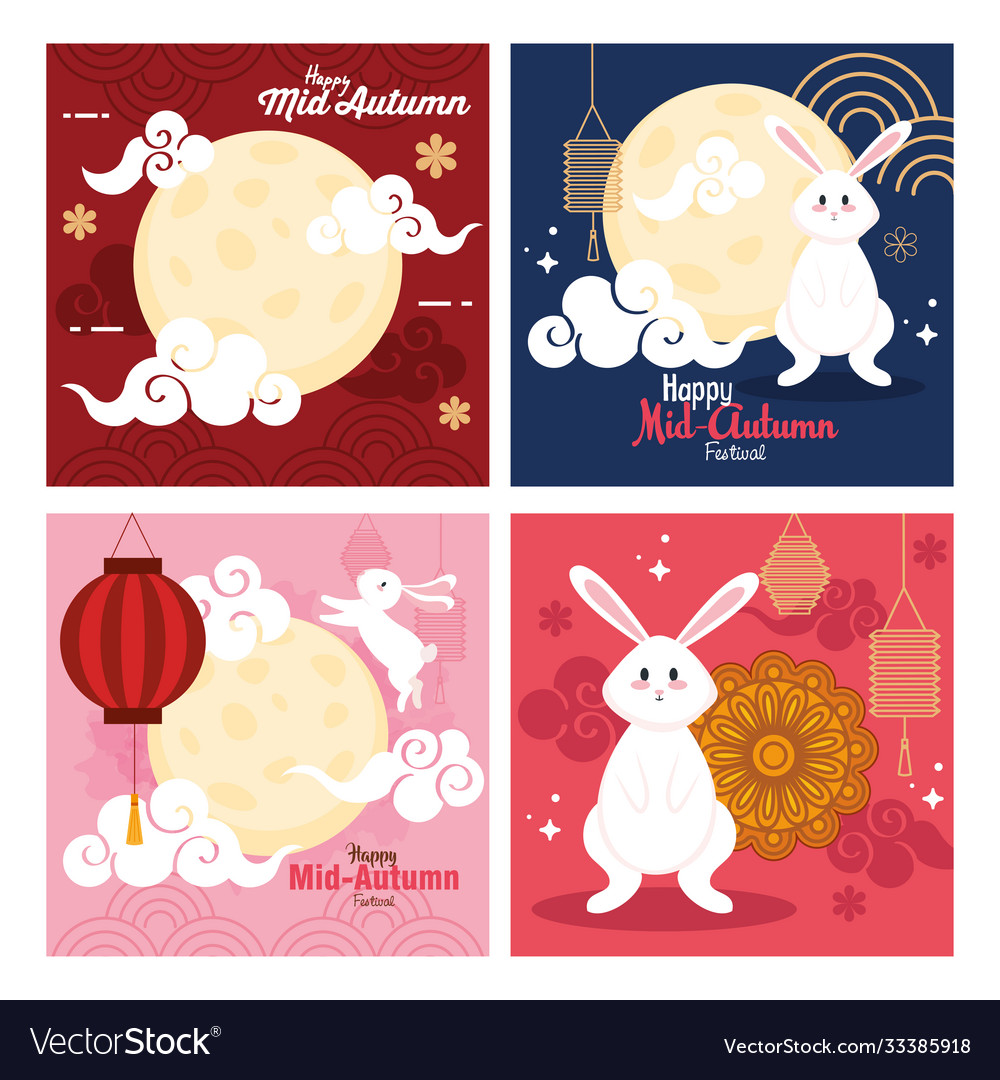 Frames with rabbits moons and lanterns happy