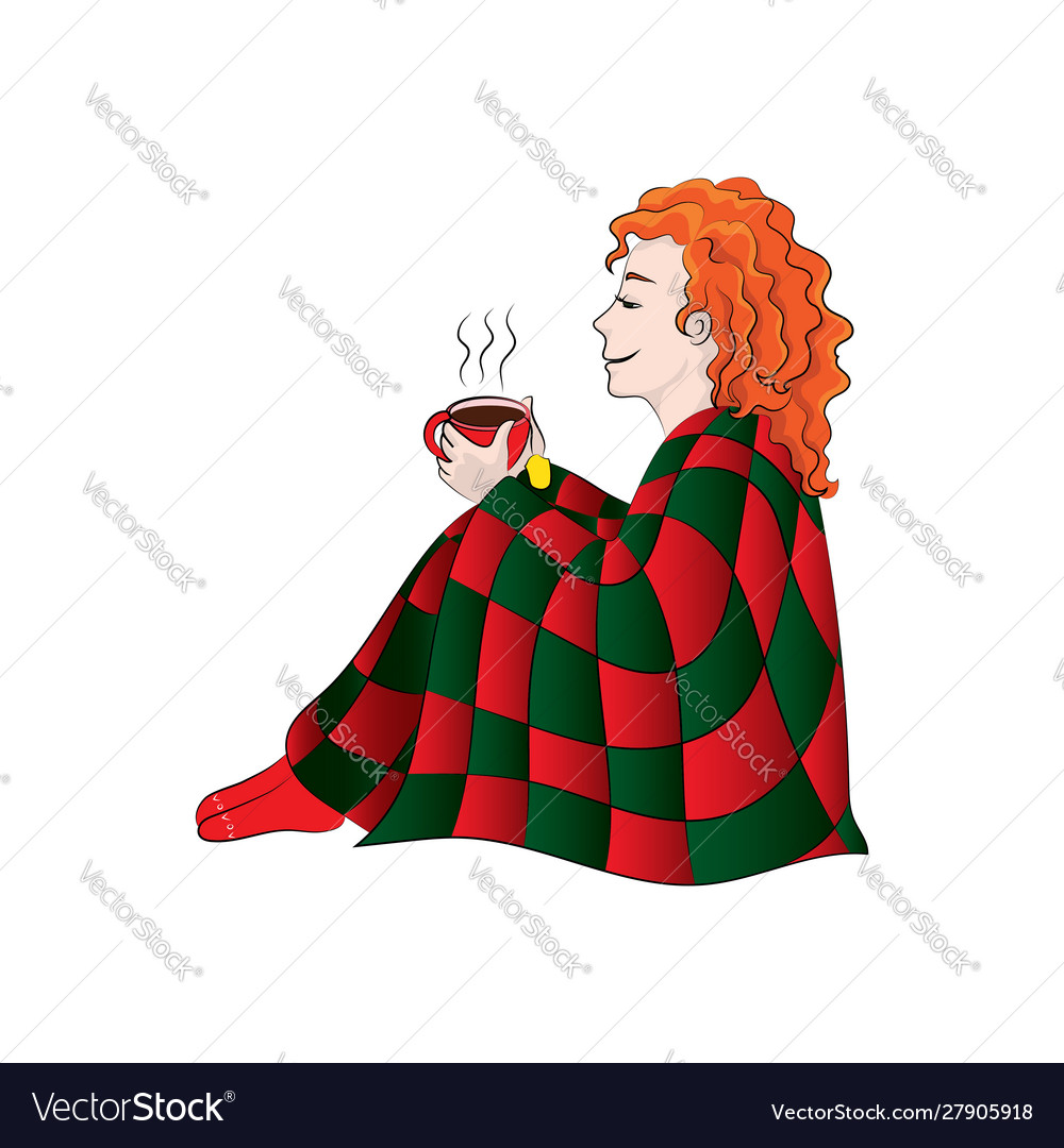 Girl woman in a plaid drinking tea color