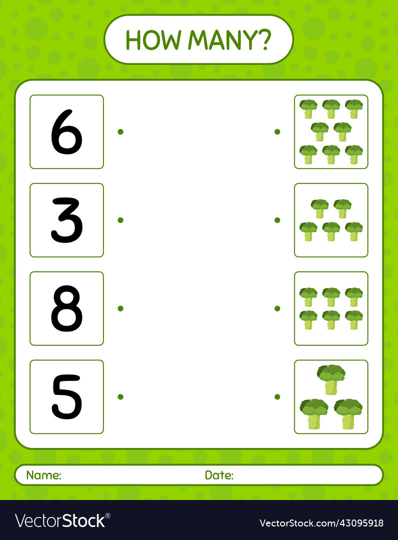How many counting game with broccoli worksheet vector image How many counting game with broccoli worksheet