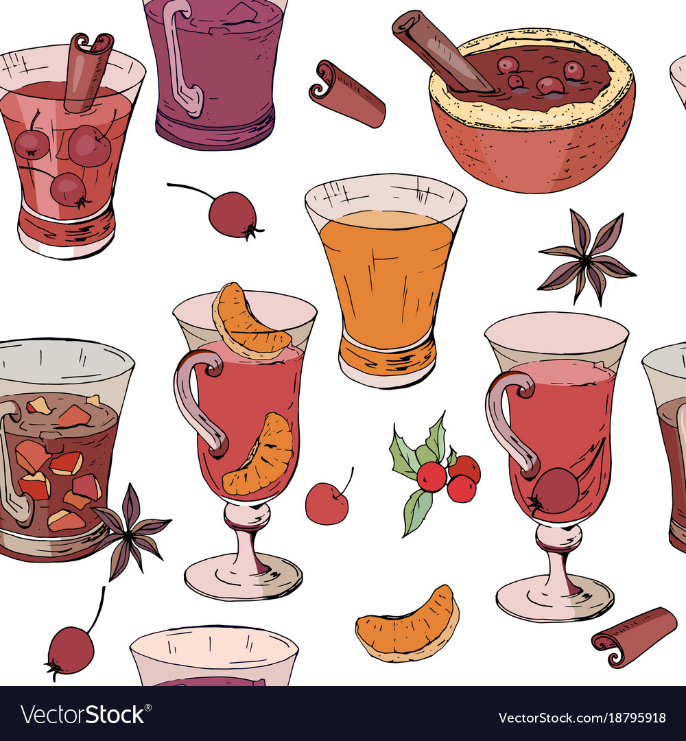 Seamless pattern with glasses of mulled wine tea