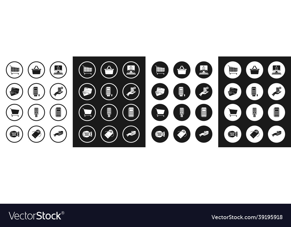 Set shopping cart on screen computer pos terminal vector image Set shopping cart on screen computer pos terminal