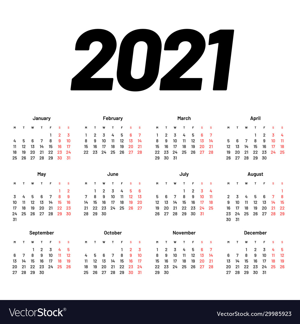 Calendar for 2021 week starts on monday Royalty Free Vector