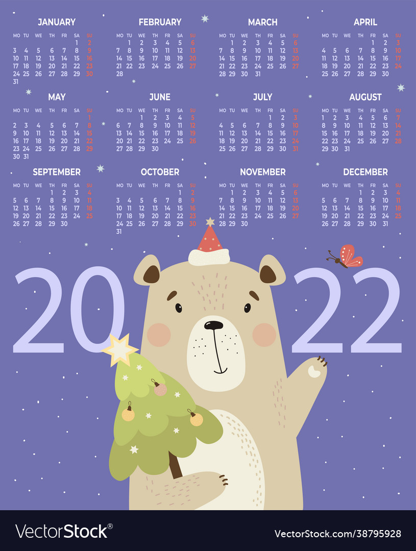 Calendar for 2022 with cute bear santa Royalty Free Vector